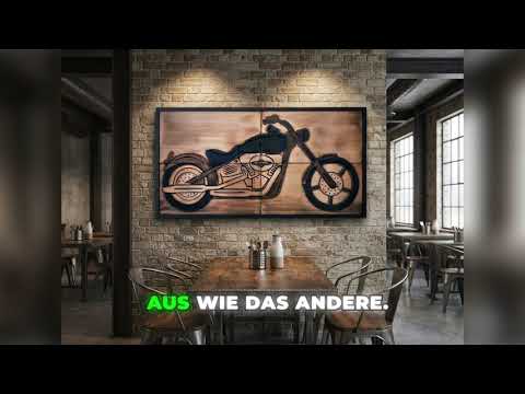 Echtes Metallbild: Motorrad Chopper im Holzrahmen – Einzigartige Wanddeko für dein Zuhause!